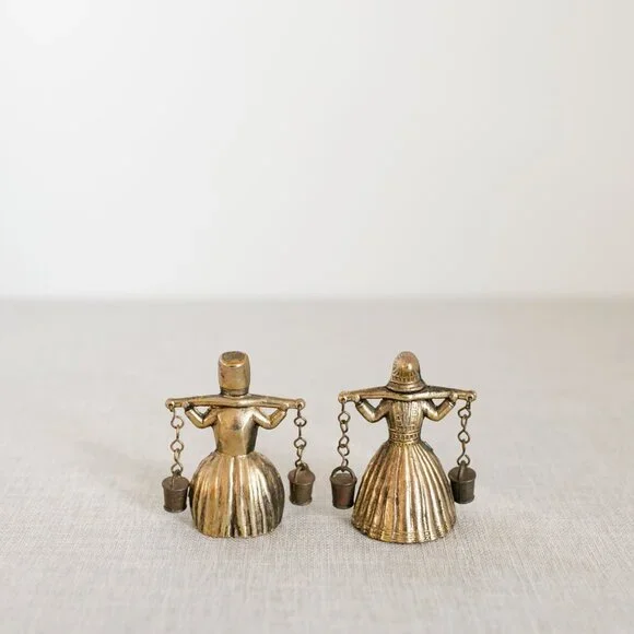 Vintage Brass Bell Water Carrier Figurines Pair Collectible - Picture 11 of 11
